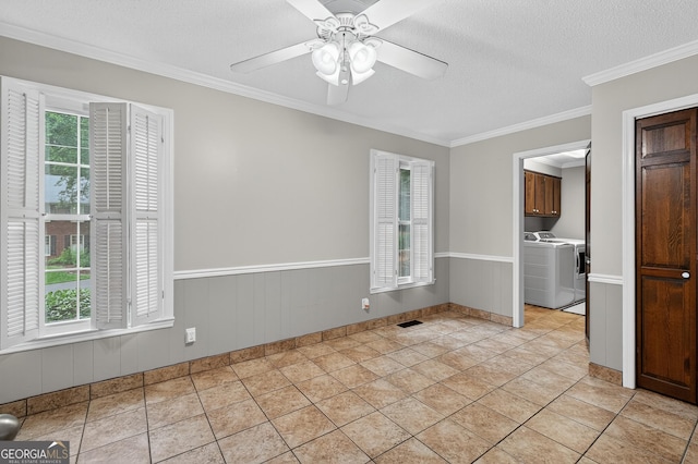 1505 Misty Valley Dr, Chatsworth, GA 30705 - spare room with independent washer and dryer, a ceiling fan, crown molding, and a textured ceiling