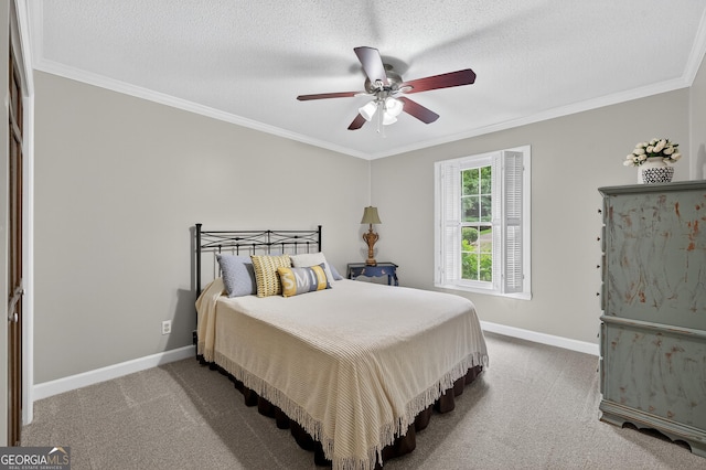 1505 Misty Valley Dr, Chatsworth, GA 30705 - carpeted bedroom with crown molding, a textured ceiling, and a ceiling fan