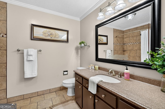 1505 Misty Valley Dr, Chatsworth, GA 30705 - bathroom with vanity, a textured ceiling, a tile shower, and ornamental molding
