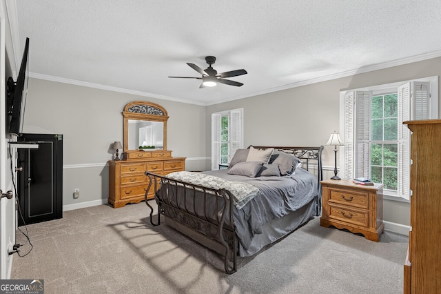 1505 Misty Valley Dr, Chatsworth, GA 30705 - bedroom featuring light colored carpet, ornamental molding, a textured ceiling, and ceiling fan
