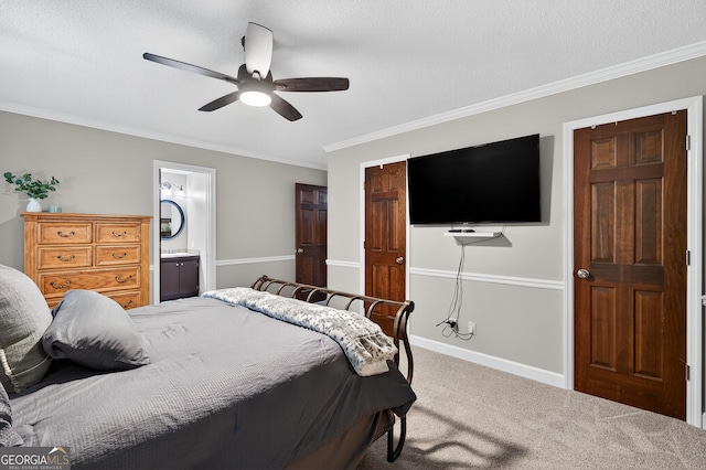 1505 Misty Valley Dr, Chatsworth, GA 30705 - bedroom featuring carpet flooring, crown molding, ceiling fan, ensuite bath, and a textured ceiling