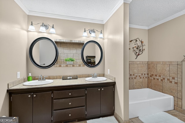 1505 Misty Valley Dr, Chatsworth, GA 30705 - bathroom featuring a textured ceiling, double vanity, a garden tub, crown molding, and tile patterned floors