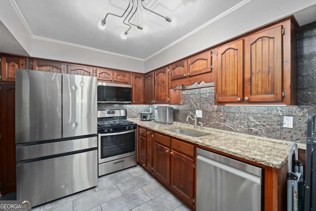 834 Lake Hollow Blvd SW, Marietta, GA 30064 - kitchen with appliances with stainless steel finishes, light tile patterned floors, light stone counters, tasteful backsplash, and crown molding