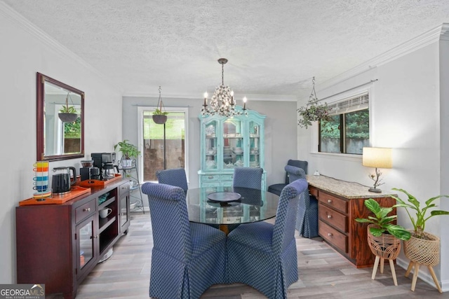 834 Lake Hollow Blvd SW, Marietta, GA 30064 - dining area featuring light wood-style flooring, a chandelier, crown molding, and a textured ceiling