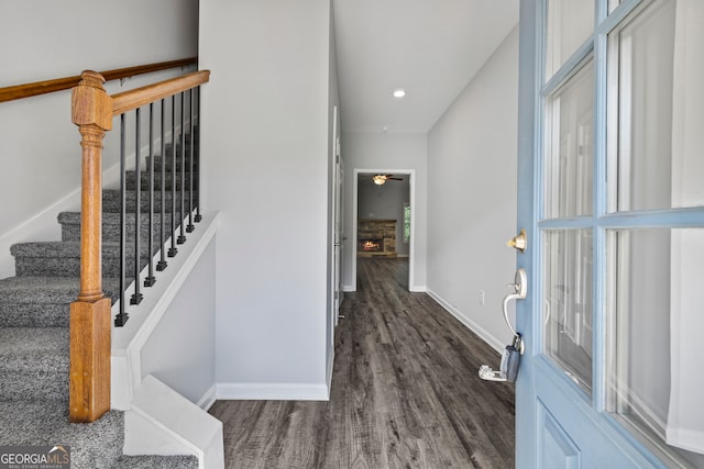 502 Wilbanks Rd, Alto, GA 30510 - entrance foyer featuring wood finished floors, stairway, ceiling fan, a fireplace, and recessed lighting