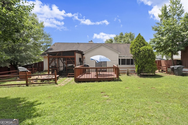 7030 Kingston Ln, Mcdonough, GA 30253 - back of house with a sunroom, a deck, and a fenced backyard