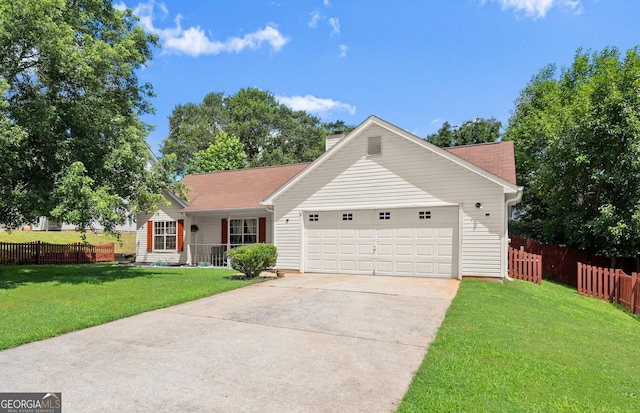 7030 Kingston Ln, Mcdonough, GA 30253 - ranch-style home with driveway, a garage, covered porch, and a chimney