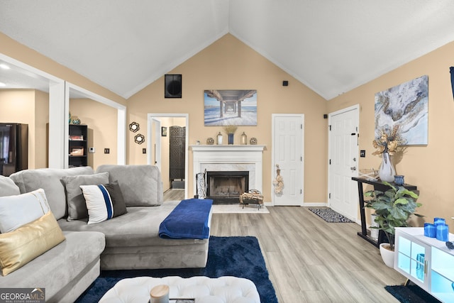 7030 Kingston Ln, Mcdonough, GA 30253 - living room with wood finished floors, a fireplace, and high vaulted ceiling