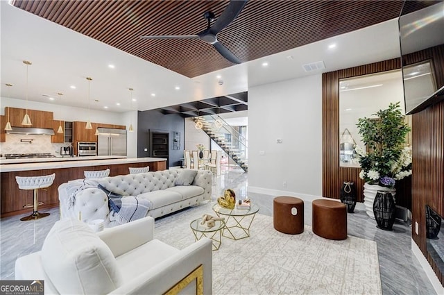 1812 Hunters Gln, Marietta, GA 30062 - living room with recessed lighting, ceiling fan, and stairs