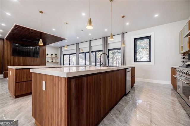 1812 Hunters Gln, Marietta, GA 30062 - kitchen with modern cabinets, a large island, appliances with stainless steel finishes, and light marble finish floors