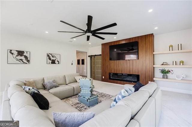 1812 Hunters Gln, Marietta, GA 30062 - living room featuring recessed lighting, a ceiling fan, a glass covered fireplace, and carpet