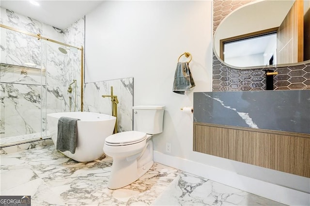 1812 Hunters Gln, Marietta, GA 30062 - bathroom with a freestanding tub, marble tiled floors, a marble finish shower, and vanity