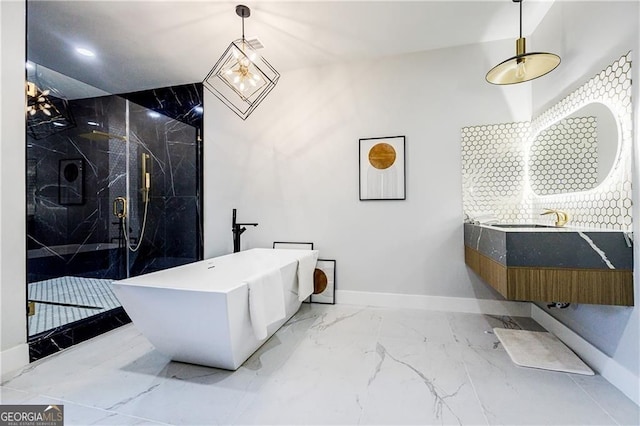 1812 Hunters Gln, Marietta, GA 30062 - full bathroom with a freestanding tub, marble tiled floors, a marble finish shower, vanity, and recessed lighting