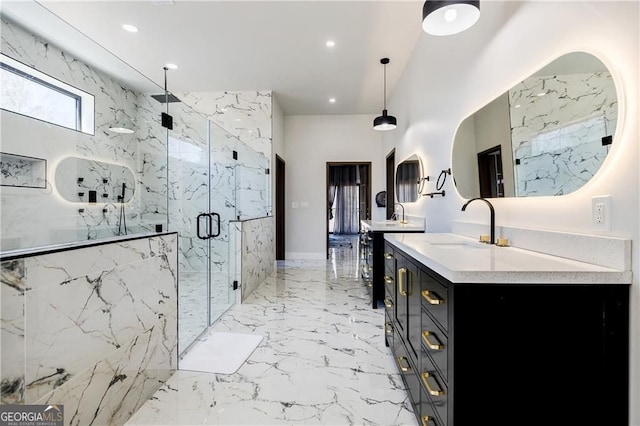 1812 Hunters Gln, Marietta, GA 30062 - full bath with a marble finish shower, vanity, marble tiled flooring, and recessed lighting