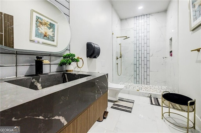 1812 Hunters Gln, Marietta, GA 30062 - full bath featuring marble look tiles, a marble finish shower, vanity, and recessed lighting