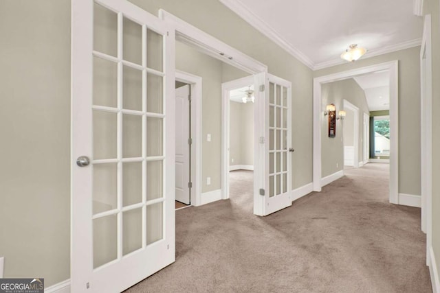 21 Creekview Dr SE, Cartersville, GA 30120 - hallway with french doors, carpet flooring, and ornamental molding