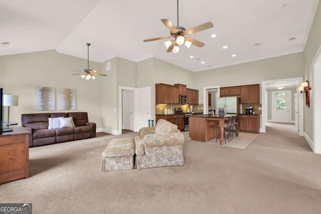 21 Creekview Dr SE, Cartersville, GA 30120 - living room featuring ceiling fan, light carpet, high vaulted ceiling, and recessed lighting