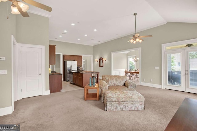 21 Creekview Dr SE, Cartersville, GA 30120 - living area featuring a ceiling fan, light carpet, plenty of natural light, vaulted ceiling, and recessed lighting