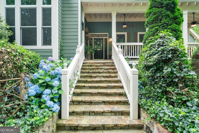 3349 Whitepath Rd, Ellijay, GA 30540 - property entrance with ceiling fan, a porch, and board and batten siding