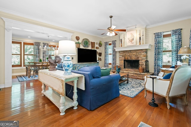 3349 Whitepath Rd, Ellijay, GA 30540 - living area with ceiling fan, hardwood / wood-style flooring, plenty of natural light, a fireplace, and ornamental molding