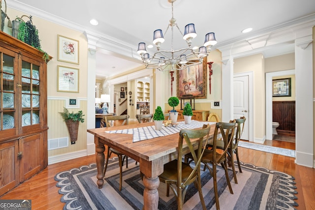 3349 Whitepath Rd, Ellijay, GA 30540 - dining space with crown molding, a chandelier, hardwood / wood-style flooring, wainscoting, and recessed lighting