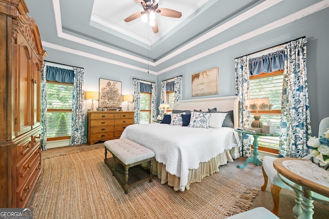 3349 Whitepath Rd, Ellijay, GA 30540 - bedroom with a tray ceiling, crown molding, multiple windows, and a ceiling fan