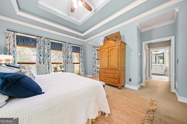3349 Whitepath Rd, Ellijay, GA 30540 - bedroom with ornamental molding, a raised ceiling, light colored carpet, and ceiling fan
