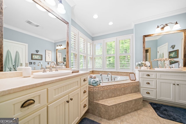 3349 Whitepath Rd, Ellijay, GA 30540 - bathroom featuring ornamental molding, two vanities, a bath, tile patterned floors, and recessed lighting