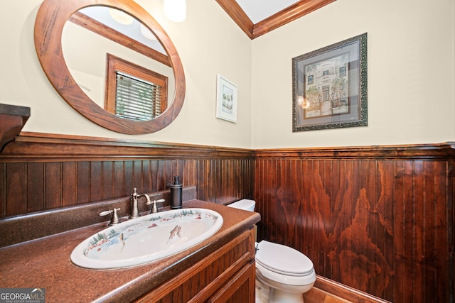 3349 Whitepath Rd, Ellijay, GA 30540 - bathroom featuring crown molding, a wainscoted wall, vanity, and wooden walls
