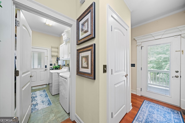 3349 Whitepath Rd, Ellijay, GA 30540 - entrance foyer featuring washer and dryer and ornamental molding