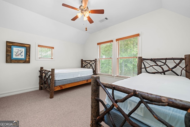 3349 Whitepath Rd, Ellijay, GA 30540 - bedroom with vaulted ceiling, multiple windows, carpet, and a ceiling fan