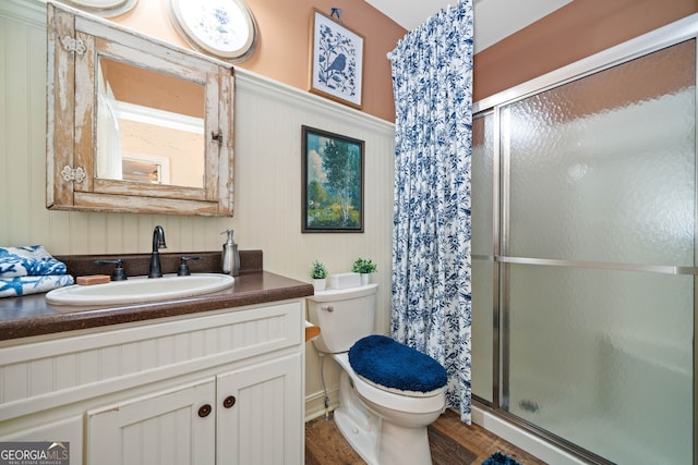 3349 Whitepath Rd, Ellijay, GA 30540 - full bathroom with a shower stall, vanity, and wood finished floors