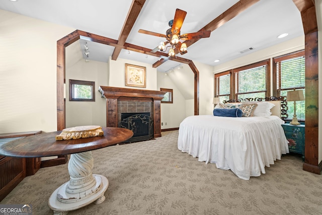 3349 Whitepath Rd, Ellijay, GA 30540 - bedroom featuring carpet flooring, a tiled fireplace, a ceiling fan, and recessed lighting