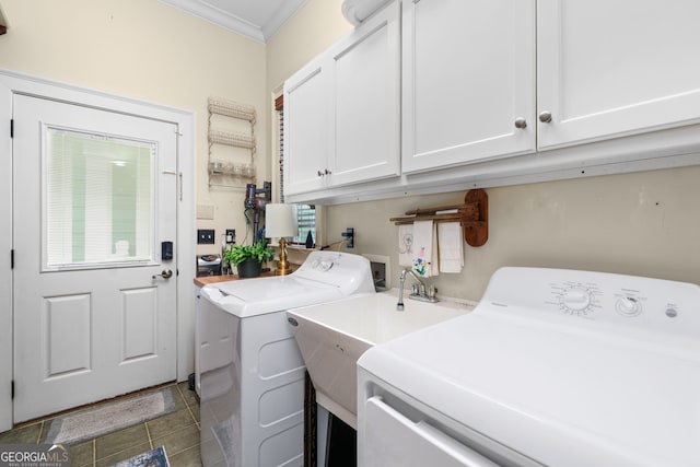 3349 Whitepath Rd, Ellijay, GA 30540 - washroom with cabinet space, washing machine and dryer, and ornamental molding