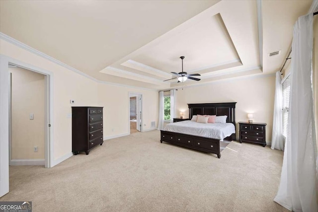 214 Davis Mill Rd, Ball Ground, GA 30107 - carpeted bedroom featuring a raised ceiling, ornamental molding, and ceiling fan