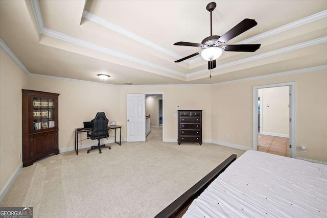 214 Davis Mill Rd, Ball Ground, GA 30107 - bedroom featuring a tray ceiling, crown molding, an office area, light colored carpet, and ceiling fan