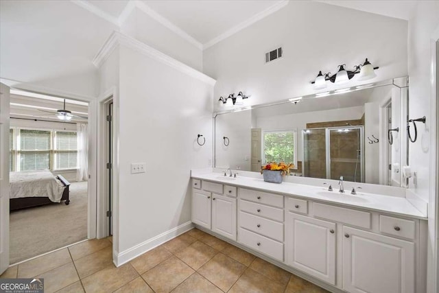 214 Davis Mill Rd, Ball Ground, GA 30107 - full bathroom featuring crown molding, tile patterned floors, double vanity, a shower stall, and connected bathroom