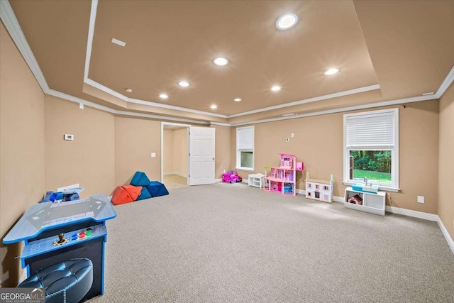 214 Davis Mill Rd, Ball Ground, GA 30107 - game room with a raised ceiling, crown molding, carpet floors, and recessed lighting