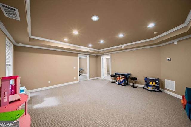 214 Davis Mill Rd, Ball Ground, GA 30107 - game room with a tray ceiling, crown molding, carpet, and recessed lighting