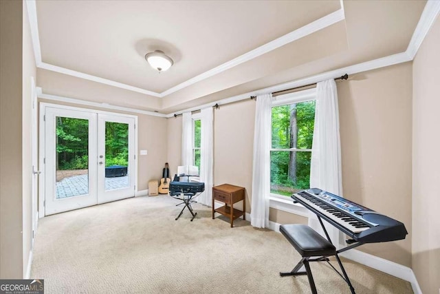 214 Davis Mill Rd, Ball Ground, GA 30107 - sitting room with carpet flooring, french doors, and ornamental molding