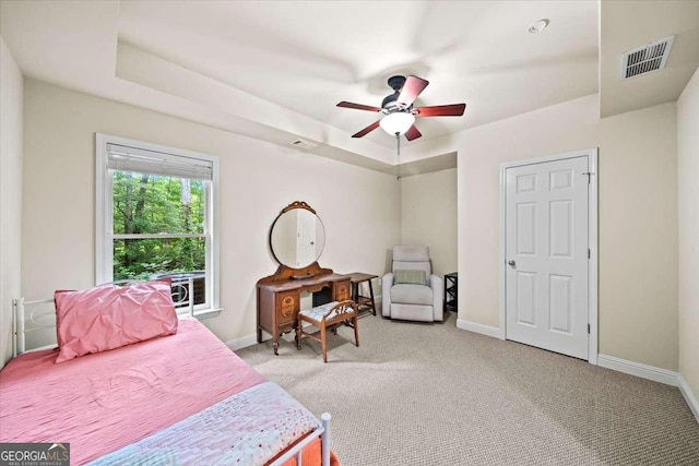 214 Davis Mill Rd, Ball Ground, GA 30107 - bedroom featuring carpet flooring, a ceiling fan, and a raised ceiling