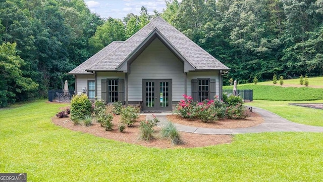 214 Davis Mill Rd, Ball Ground, GA 30107 - back of house featuring french doors, a yard, and a shingled roof