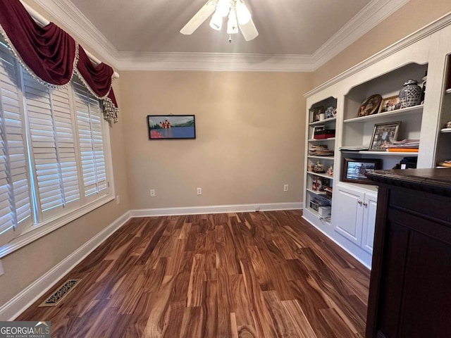 3131 Rocky Branch Rd Unit 280, Watkinsville, GA 30677 - unfurnished dining area featuring ornamental molding, a ceiling fan, and dark wood-style floors