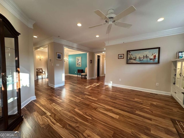 3131 Rocky Branch Rd Unit 280, Watkinsville, GA 30677 - unfurnished living room featuring crown molding, french doors, dark wood-style floors, recessed lighting, and a ceiling fan