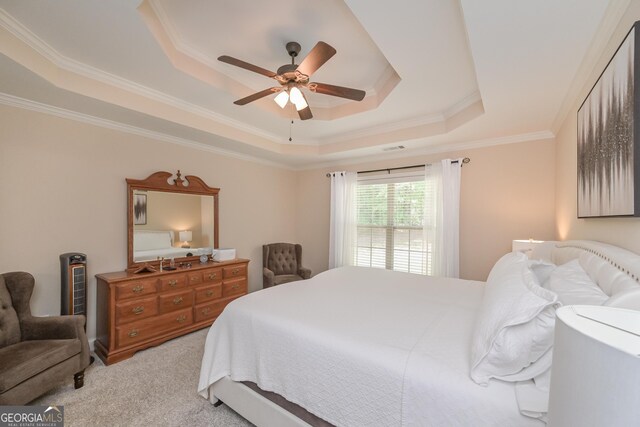 170 Saddleridge Dr, Bremen, GA 30110 - carpeted bedroom with a tray ceiling, crown molding, and ceiling fan