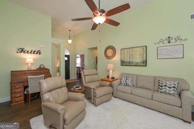 170 Saddleridge Dr, Bremen, GA 30110 - living room with ceiling fan, wood finished floors, and high vaulted ceiling