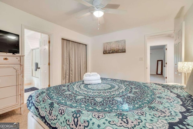 327 Brucken Strasse Unit 311, Helen, GA 30545 - bedroom with light carpet, a ceiling fan, and ensuite bathroom
