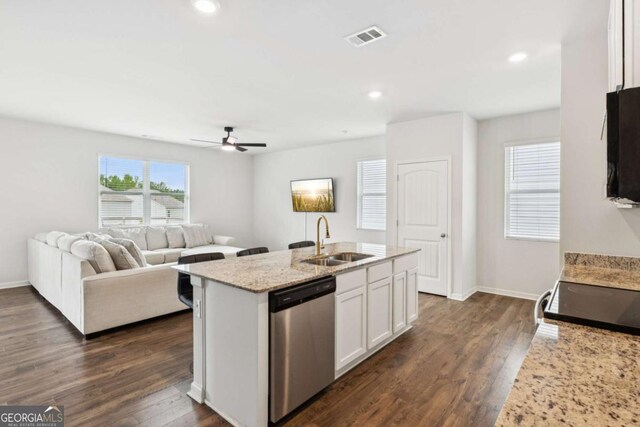 109 Grand Hickory Way, Dawsonville, GA 30534 - kitchen featuring stainless steel dishwasher, white cabinetry, light stone counters, a ceiling fan, and dark wood-style flooring