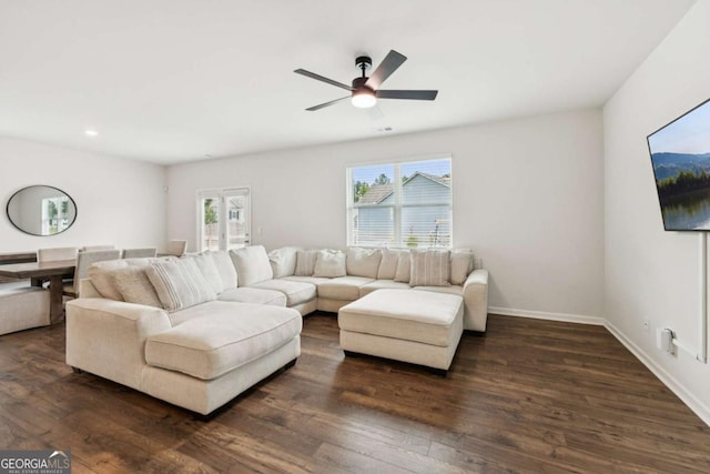 109 Grand Hickory Way, Dawsonville, GA 30534 - living area featuring a ceiling fan, dark wood-type flooring, and recessed lighting