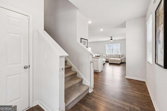 109 Grand Hickory Way, Dawsonville, GA 30534 - staircase featuring a ceiling fan, wood finished floors, and recessed lighting